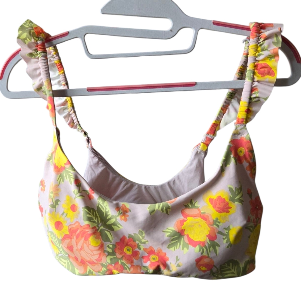 Aerie Floral Scoop Neck Bikini Top Ruffle Strap Detail Sz XLarge NWT *flaw/mark